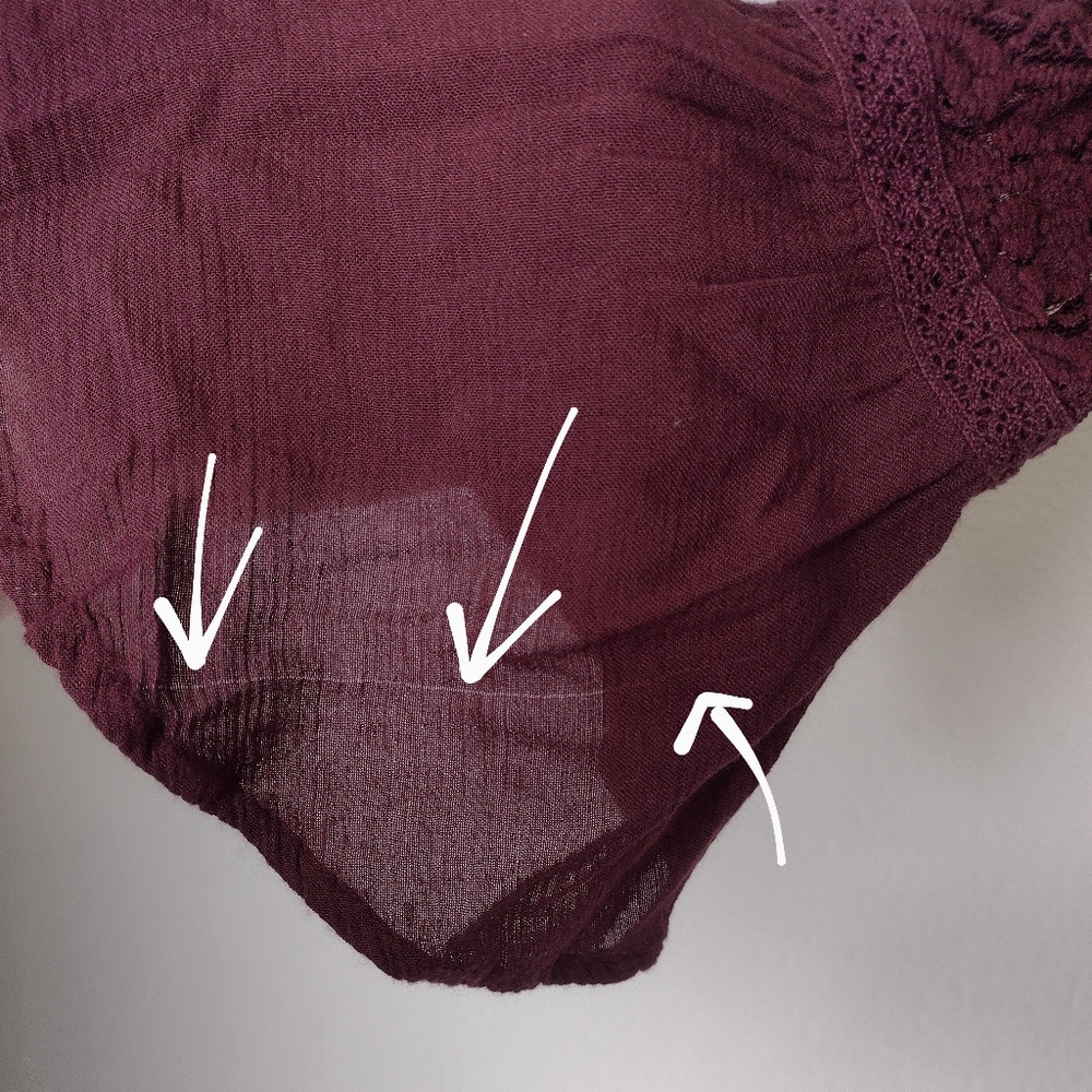 American Eagle Sheer Lace Panel Bell Sleeve V-Neck Flowy Peplum Blouse Wine Red - Picture 15 of 15